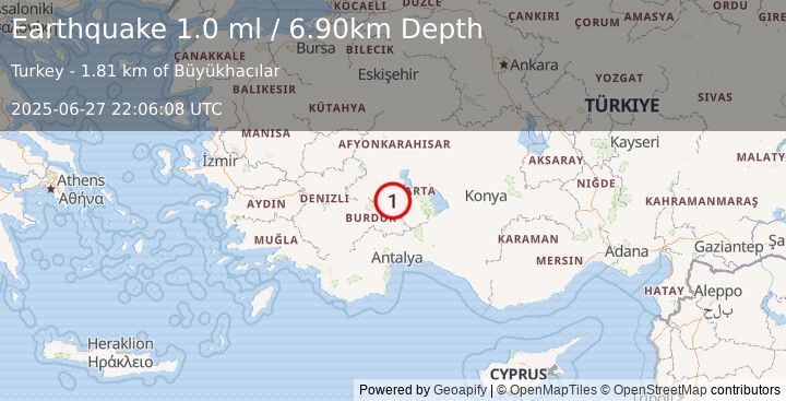 Earthquake WESTERN TURKEY (1.0 ml) (2025-06-27 22:06:08 UTC)