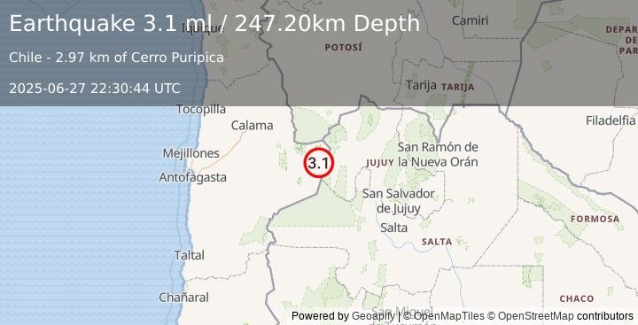 Earthquake ANTOFAGASTA, CHILE (3.1 ml) (2025-06-27 22:30:44 UTC)