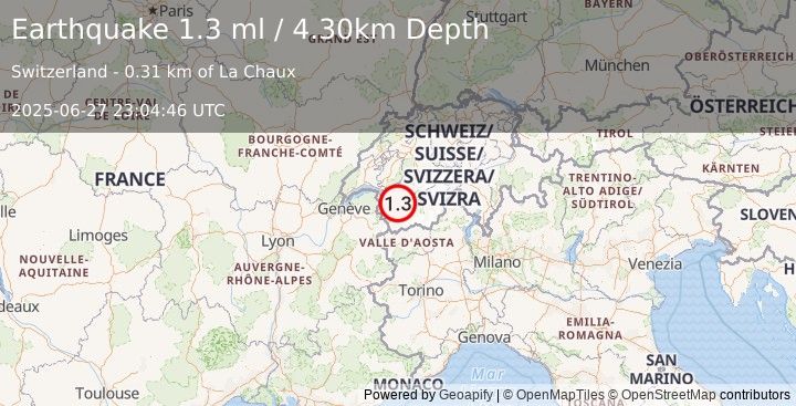 Earthquake SWITZERLAND (1.3 ml) (2025-06-27 23:04:46 UTC)