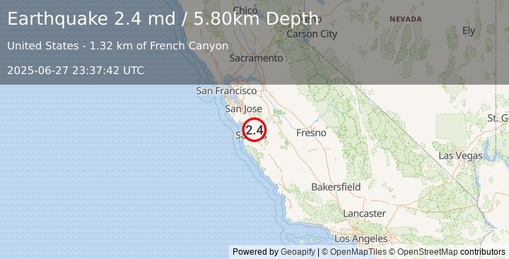 Earthquake CENTRAL CALIFORNIA (2.4 md) (2025-06-27 23:37:42 UTC)