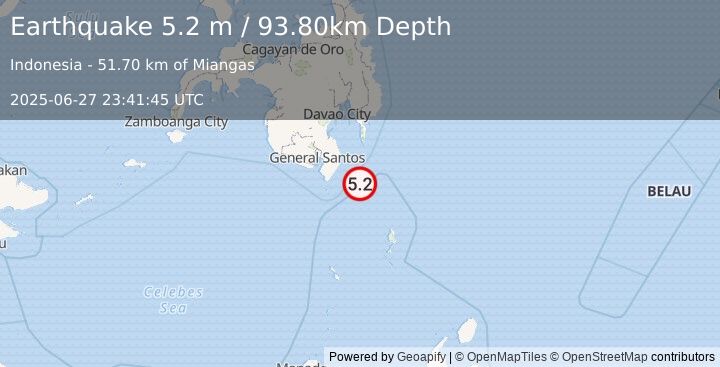 Earthquake MINDANAO, PHILIPPINES (4.9 mb) (2025-06-27 23:41:44 UTC)