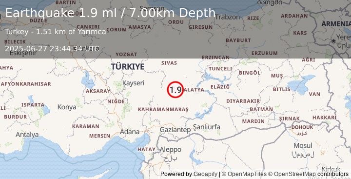 Earthquake CENTRAL TURKEY (1.9 ml) (2025-06-27 23:44:34 UTC)