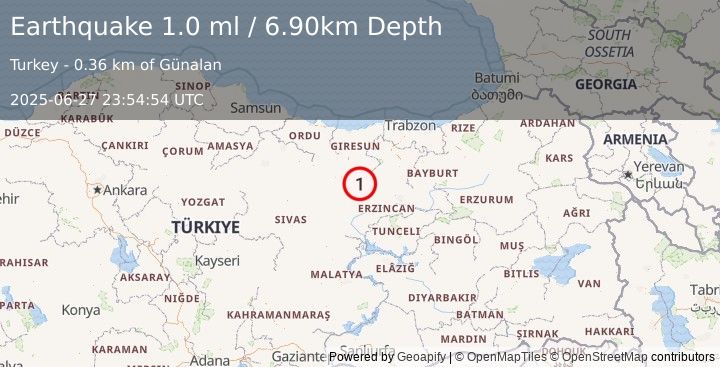 Earthquake EASTERN TURKEY (1.0 ml) (2025-06-27 23:54:54 UTC)
