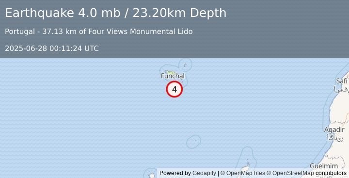 Earthquake MADEIRA ISLANDS, PORTUGAL REGION (4.0 mb) (2025-06-28 00:11:24 UTC)