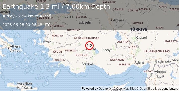 Earthquake WESTERN TURKEY (1.3 ml) (2025-06-28 00:06:48 UTC)