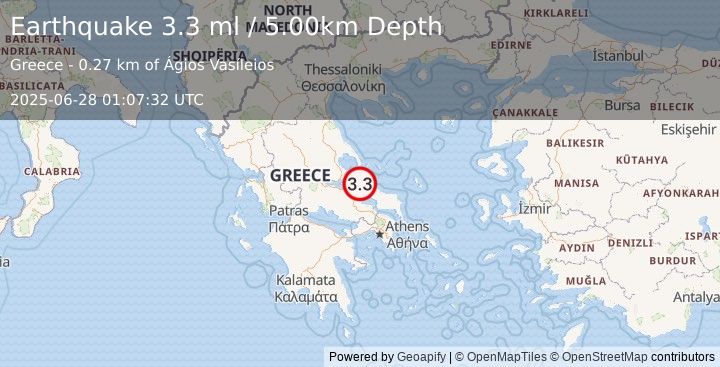 Earthquake GREECE (3.3 ml) (2025-06-28 01:07:32 UTC)