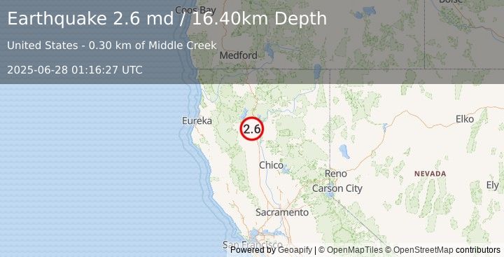 Earthquake NORTHERN CALIFORNIA (2.6 md) (2025-06-28 01:16:27 UTC)
