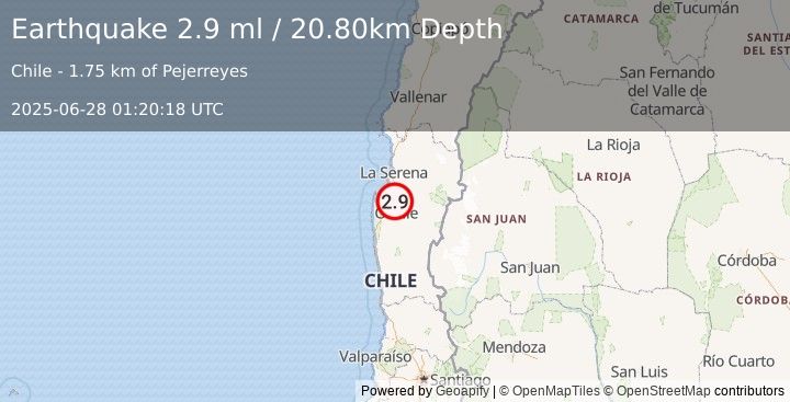 Earthquake COQUIMBO, CHILE (2.9 ml) (2025-06-28 01:20:18 UTC)