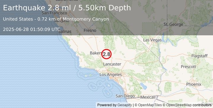 Earthquake CENTRAL CALIFORNIA (2.7 ml) (2025-06-28 01:50:08 UTC)