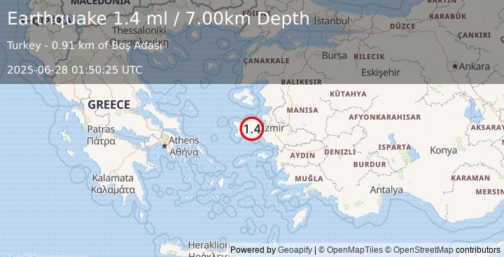 Earthquake NEAR THE COAST OF WESTERN TURKEY (1.4 ml) (2025-06-28 01:50:25 UTC)