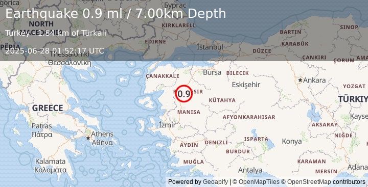 Earthquake WESTERN TURKEY (0.9 ml) (2025-06-28 01:52:17 UTC)
