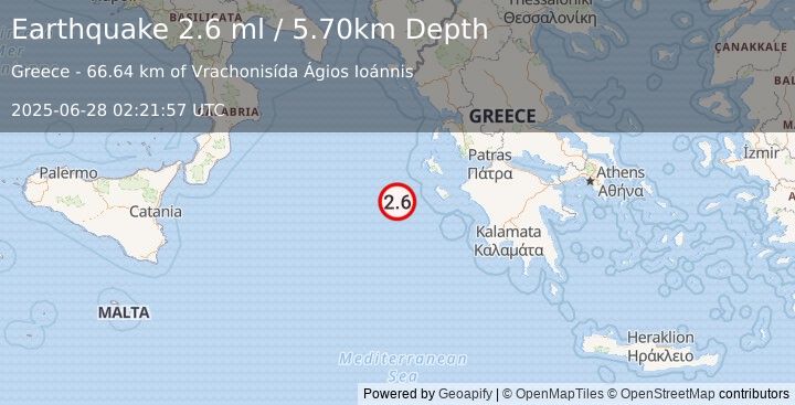 Earthquake IONIAN SEA (2.6 ml) (2025-06-28 02:21:57 UTC)