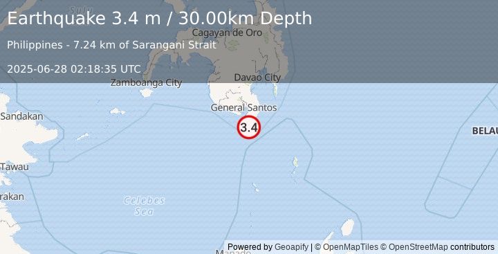 Earthquake MINDANAO, PHILIPPINES (3.4 m) (2025-06-28 02:18:35 UTC)