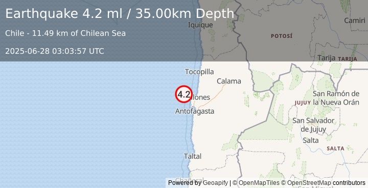 Earthquake OFFSHORE ANTOFAGASTA, CHILE (4.0 ml) (2025-06-28 03:03:58 UTC)