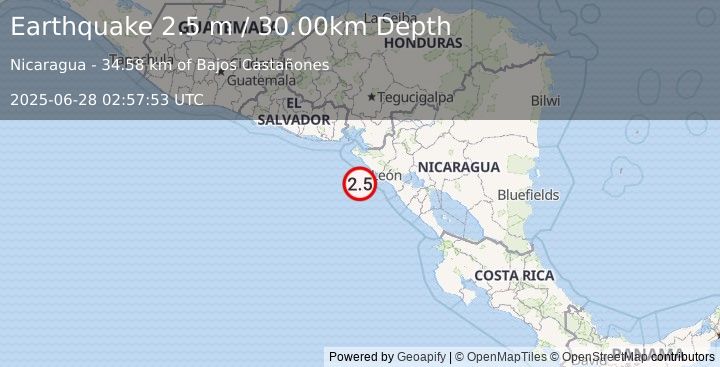 Earthquake NEAR COAST OF NICARAGUA (2.5 m) (2025-06-28 02:57:53 UTC)