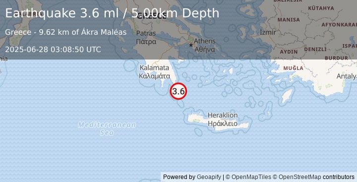 Earthquake SOUTHERN GREECE (3.6 ml) (2025-06-28 03:08:50 UTC)