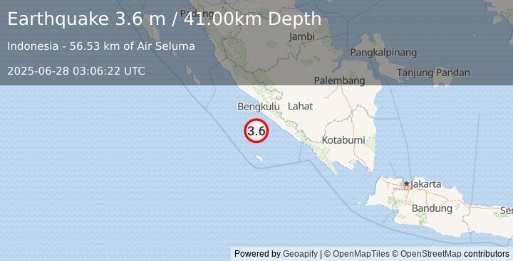 Earthquake SOUTHERN SUMATRA, INDONESIA (3.6 m) (2025-06-28 03:06:22 UTC)