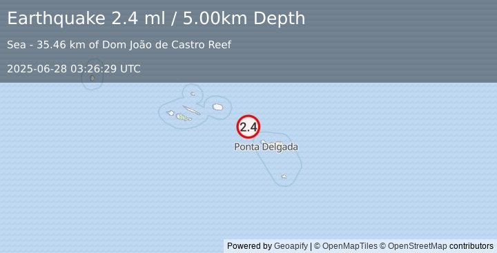 Earthquake AZORES ISLANDS, PORTUGAL (2.4 ml) (2025-06-28 03:26:29 UTC)