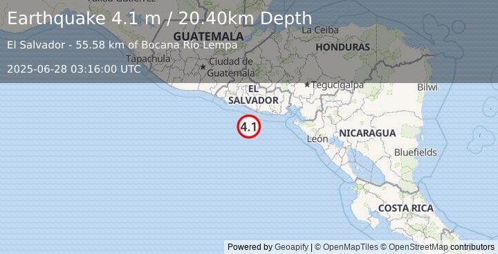 Earthquake OFFSHORE EL SALVADOR (4.1 m) (2025-06-28 03:16:00 UTC)