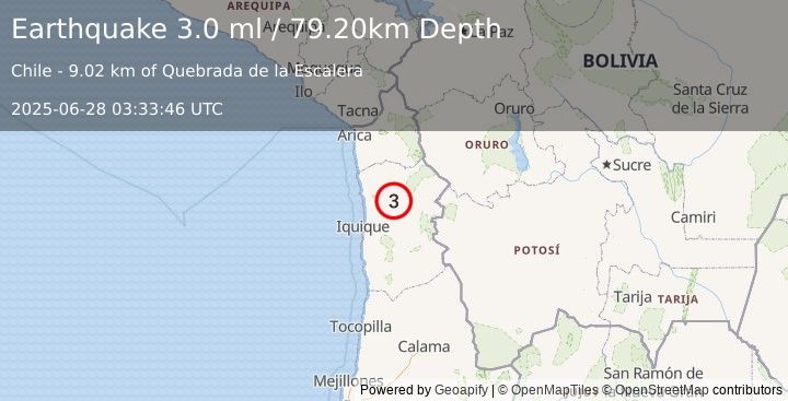 Earthquake TARAPACA, CHILE (3.0 ml) (2025-06-28 03:33:46 UTC)