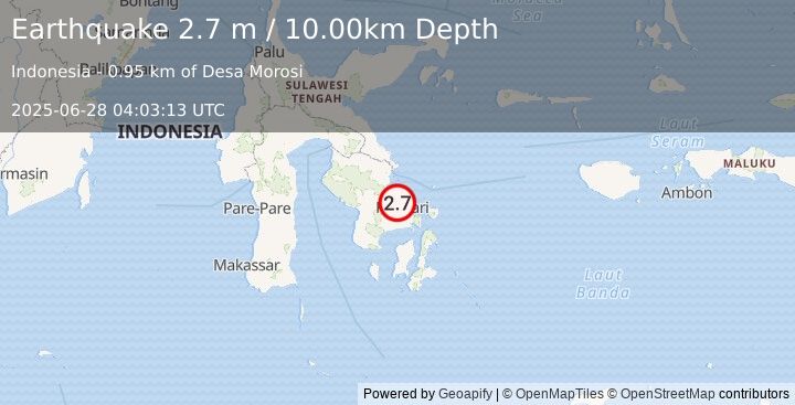 Earthquake SULAWESI, INDONESIA (2.7 m) (2025-06-28 04:03:13 UTC)