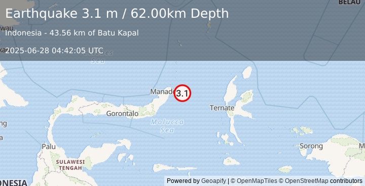 Earthquake MOLUCCA SEA (3.1 m) (2025-06-28 04:42:05 UTC)