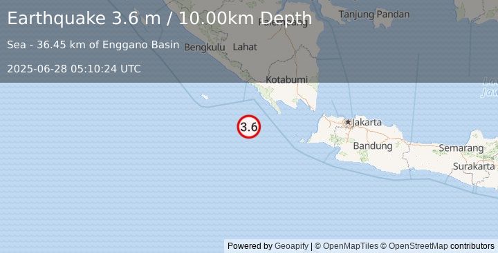 Earthquake SOUTHWEST OF SUMATRA, INDONESIA (3.6 m) (2025-06-28 05:10:24 UTC)