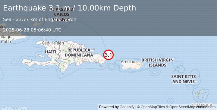 Earthquake DOMINICAN REPUBLIC REGION (3.1 m) (2025-06-28 05:06:40 UTC)