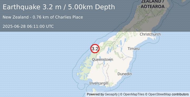 Earthquake SOUTH ISLAND OF NEW ZEALAND (3.2 m) (2025-06-28 06:11:00 UTC)
