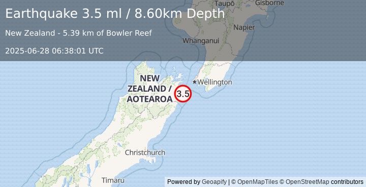 Earthquake COOK STRAIT, NEW ZEALAND (3.5 ml) (2025-06-28 06:38:01 UTC)
