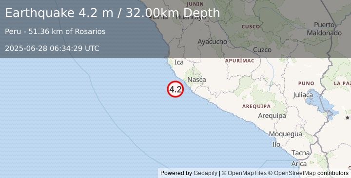 Earthquake NEAR COAST OF CENTRAL PERU (4.2 m) (2025-06-28 06:34:29 UTC)