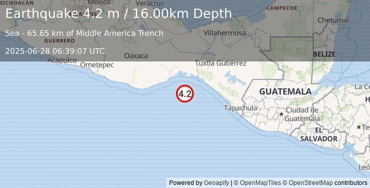 Earthquake OFFSHORE OAXACA, MEXICO (4.2 m) (2025-06-28 06:39:07 UTC)