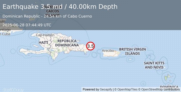 Earthquake DOMINICAN REPUBLIC REGION (3.5 md) (2025-06-28 07:44:49 UTC)