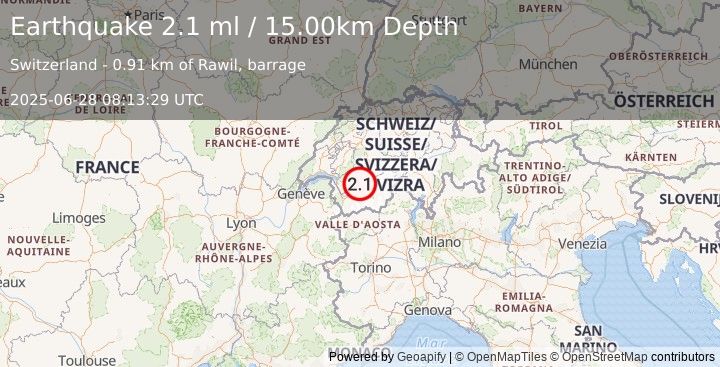 Earthquake SWITZERLAND (2.1 ml) (2025-06-28 08:13:29 UTC)