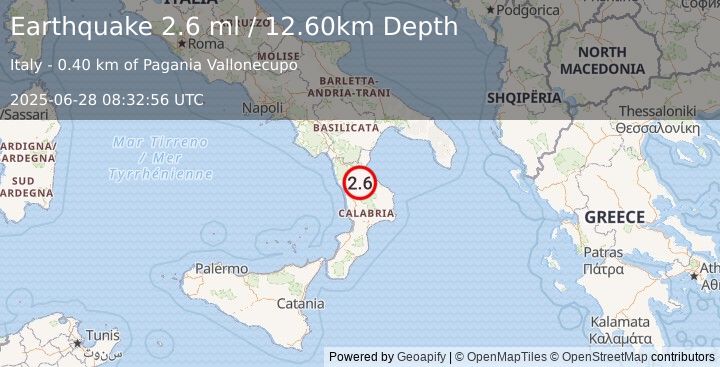 Earthquake SOUTHERN ITALY (2.6 ml) (2025-06-28 08:32:56 UTC)