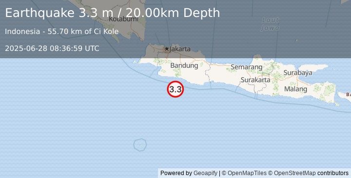 Earthquake JAVA, INDONESIA (3.3 m) (2025-06-28 08:36:59 UTC)
