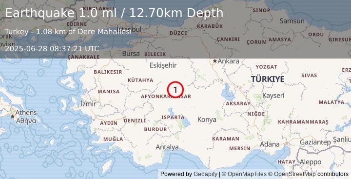 Earthquake WESTERN TURKEY (1.0 ml) (2025-06-28 08:37:21 UTC)