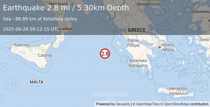 Earthquake IONIAN SEA (2.8 ml) (2025-06-28 09:12:15 UTC)