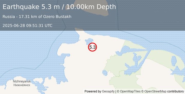 Earthquake NEAR COAST OF NE SAKHA, RUSSIA (5.1 mb) (2025-06-28 09:51:30 UTC)