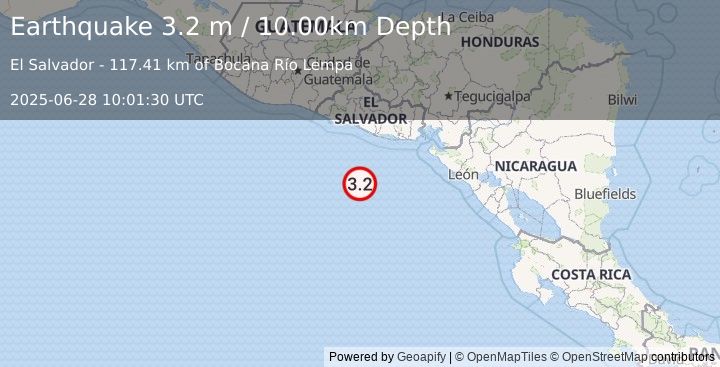 Earthquake OFF THE COAST OF EL SALVADOR (3.2 m) (2025-06-28 10:01:30 UTC)