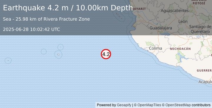 Earthquake OFF COAST OF JALISCO, MEXICO (4.2 m) (2025-06-28 10:02:42 UTC)