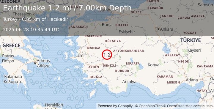 Earthquake WESTERN TURKEY (1.2 ml) (2025-06-28 10:35:49 UTC)