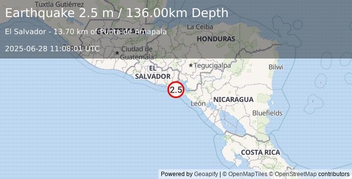 Earthquake OFFSHORE EL SALVADOR (2.5 m) (2025-06-28 11:08:01 UTC)