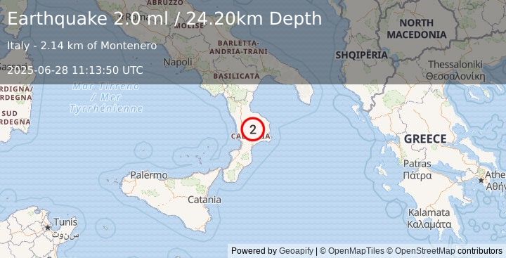 Earthquake SOUTHERN ITALY (2.0 ml) (2025-06-28 11:13:50 UTC)