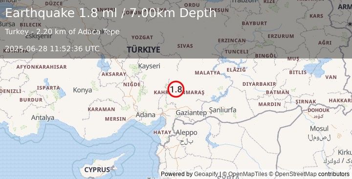 Earthquake CENTRAL TURKEY (1.8 ml) (2025-06-28 11:52:36 UTC)