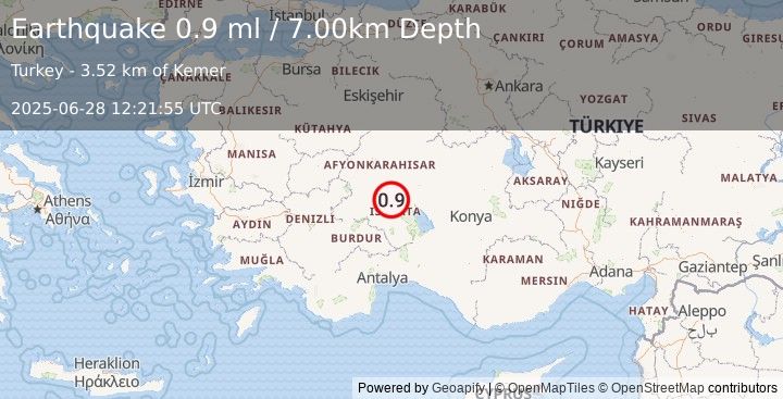 Earthquake WESTERN TURKEY (0.9 ml) (2025-06-28 12:21:55 UTC)