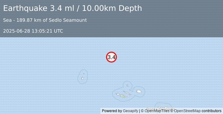 Earthquake AZORES ISLANDS REGION (3.4 ml) (2025-06-28 13:05:21 UTC)