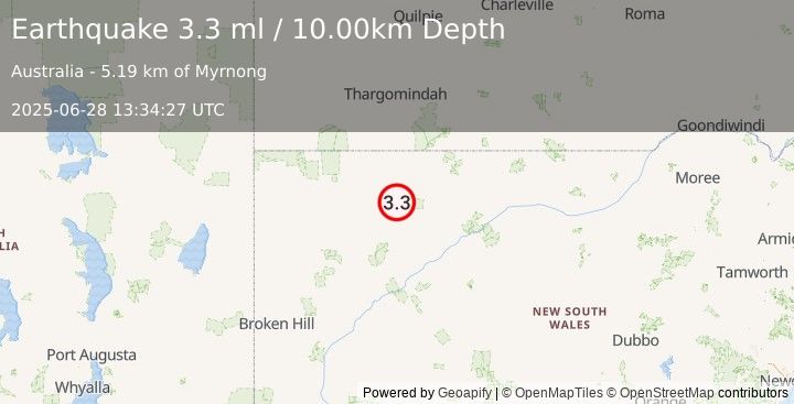 Earthquake NEW SOUTH WALES, AUSTRALIA (3.3 ml) (2025-06-28 13:34:27 UTC)