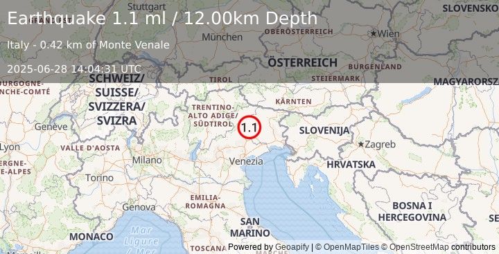 Earthquake NORTHERN ITALY (1.1 ml) (2025-06-28 14:04:31 UTC)