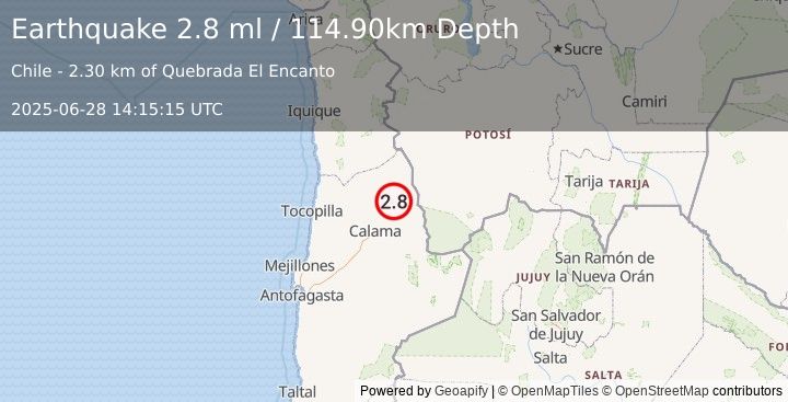 Earthquake ANTOFAGASTA, CHILE (2.8 ml) (2025-06-28 14:15:15 UTC)